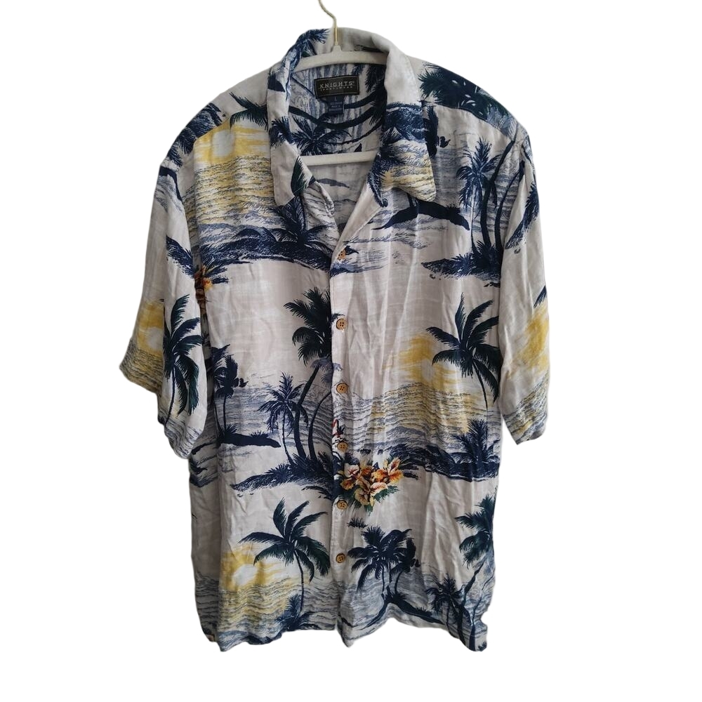 Y2K Knight sportwear men's Sz L Hawaiian button-up shirt Luau Beach, lightweight